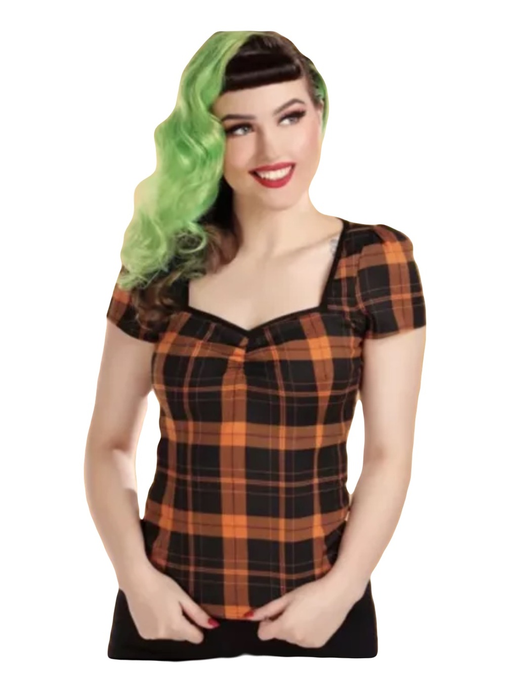 Collectif orange black plaid sweetheart neck retro punk rockabilly top XL